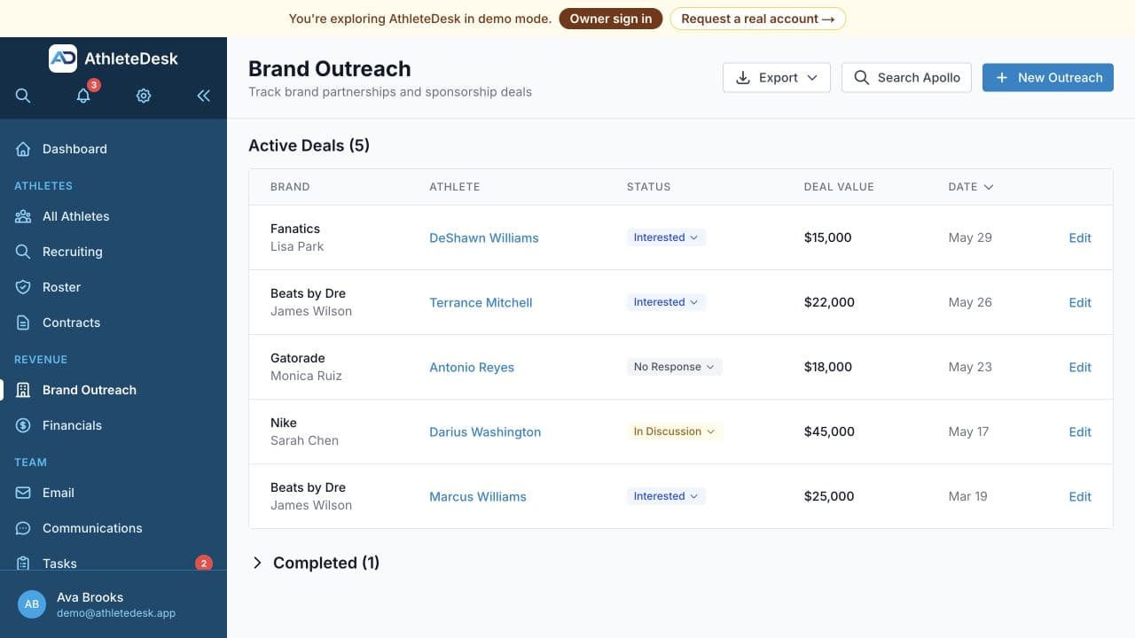AthleteDesk brand outreach screen