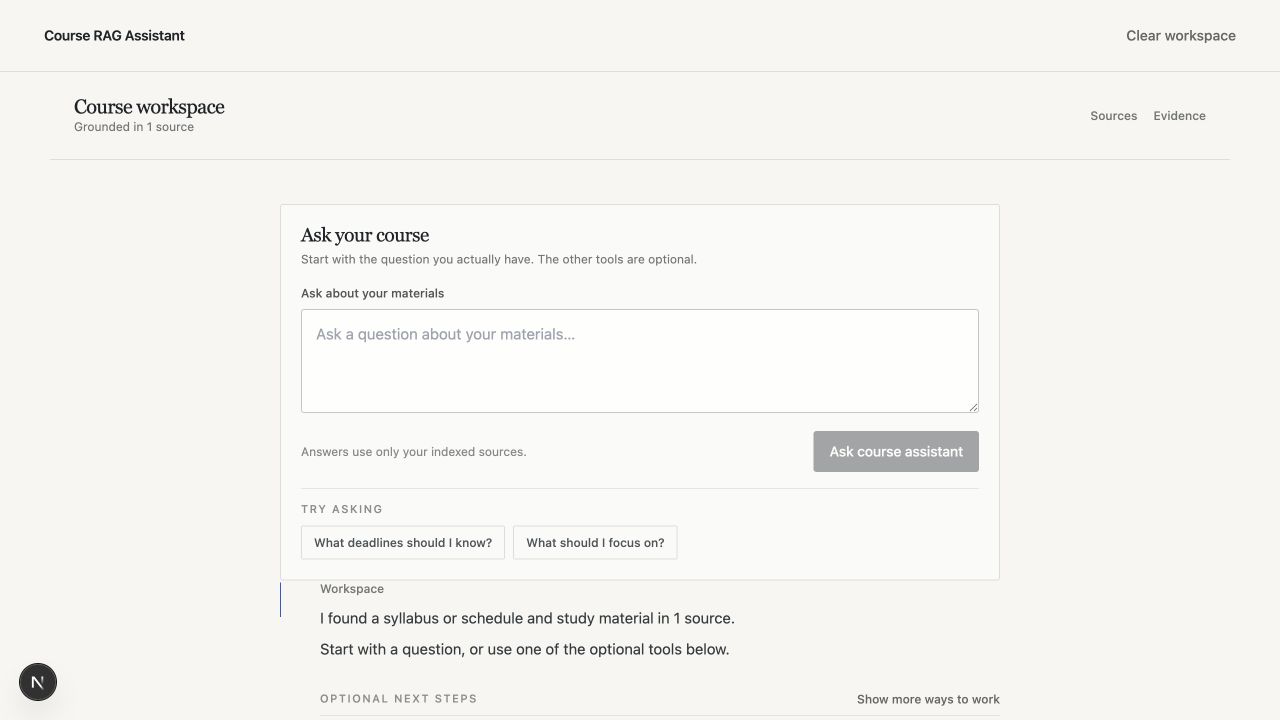 Course RAG Assistant workspace with a grounded answer and student tools